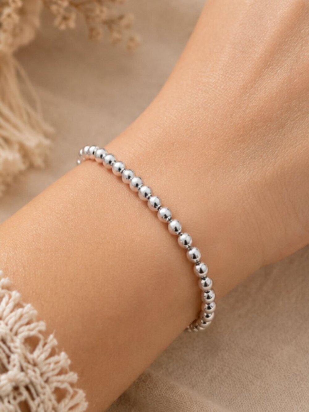 NEW 4mm Solid Sterling Silver Beads Bracelet S925